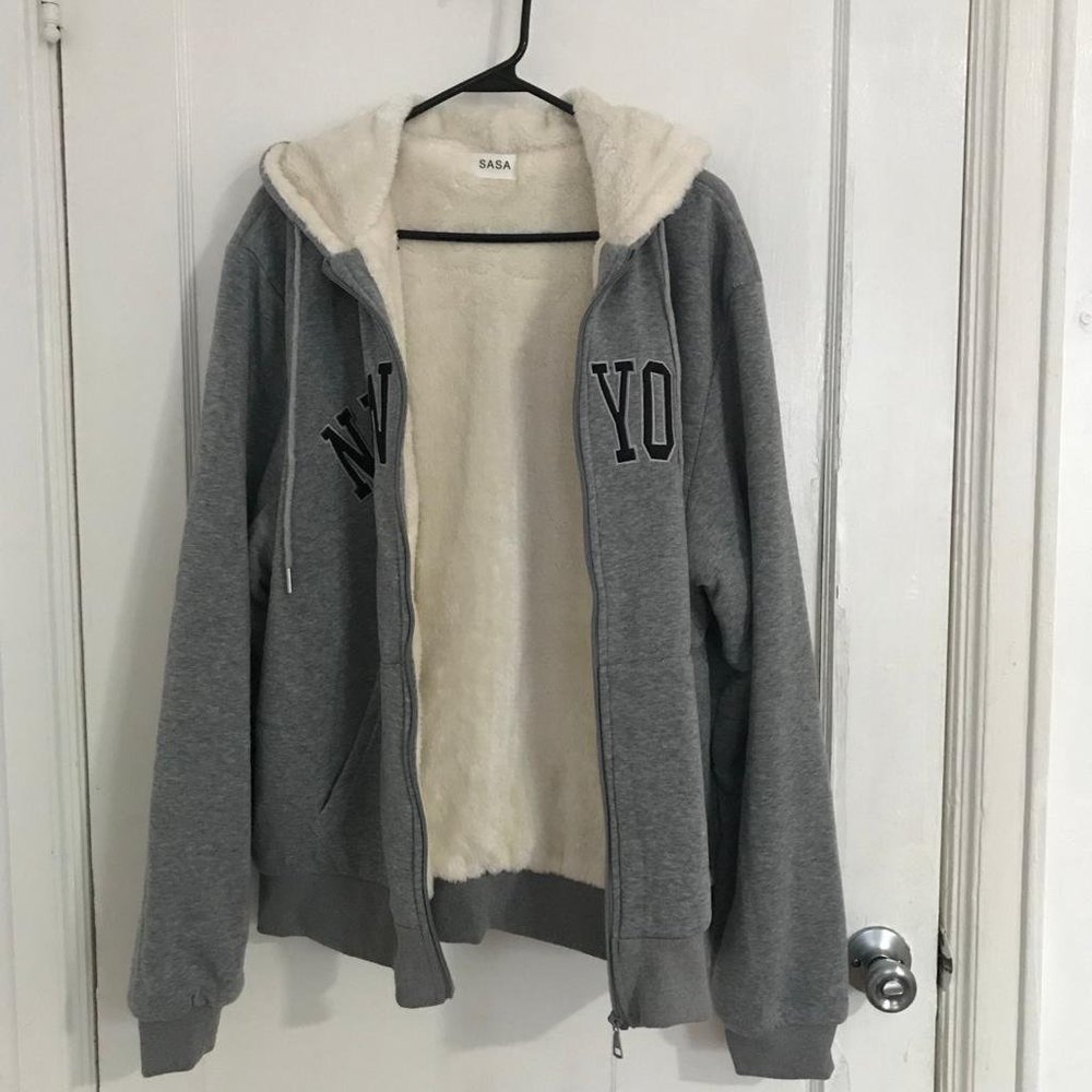 New York Men Winter Outwear Faux Fur-Lined Hoodie Heavy Jacket - Gray X-Large